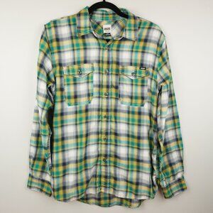 Volcom Workwear Men's Shirt Green Yellow Black Gray Plaid‎ Size Small